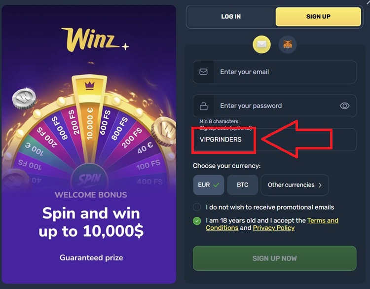 Creating an account using the Winz.io Promo Code VIPGRINDERS