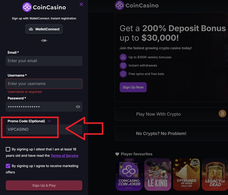 Entering the CoinCasino Promo Code
